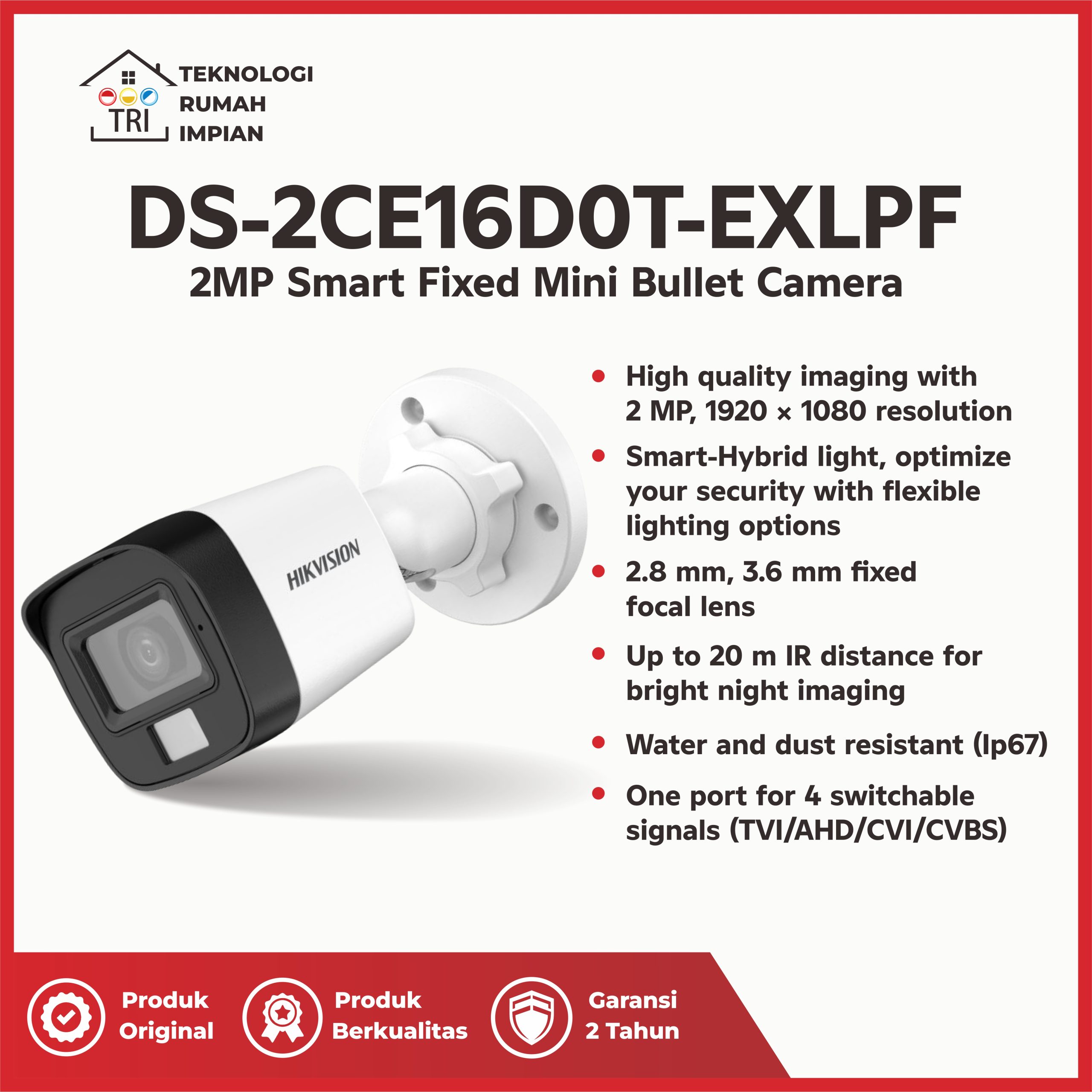 CCTV Outdoor Hikvision DS-2CE16D0T-EXLPF 2,8mm 2MP Dual Light Plastic
