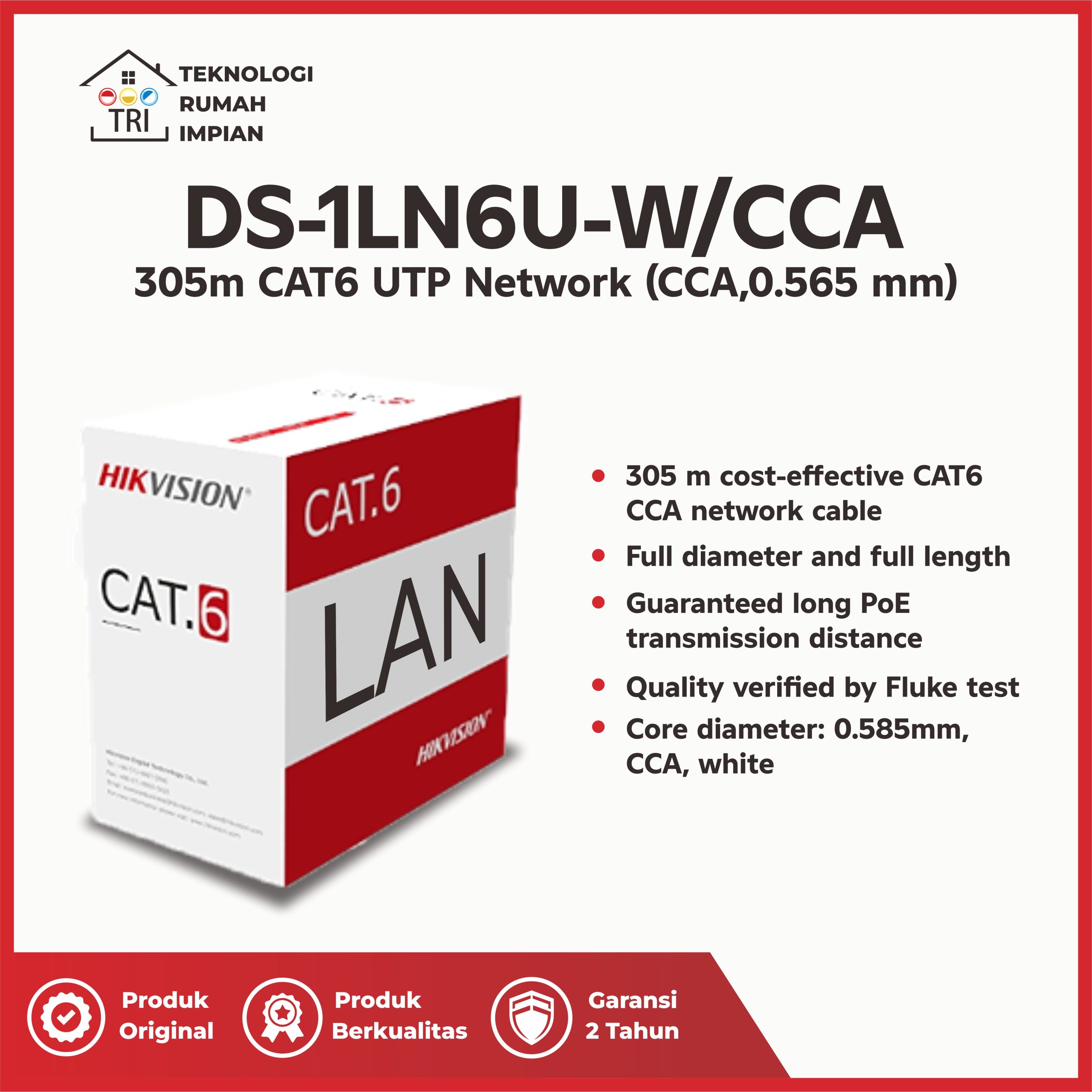 LAN Hikvision DS-1LN6U-W/CCA kabel UTP CAT 6 Putih 305 Meter